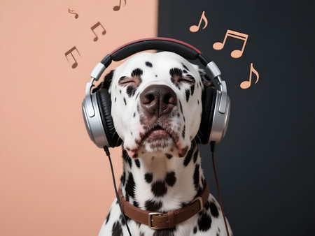 A Dalmatian sits with closed eyes, immersed in music through large headphones, surrounded by floating musical notes. The warm lighting and soft background create a serene, intimate mood.の素材