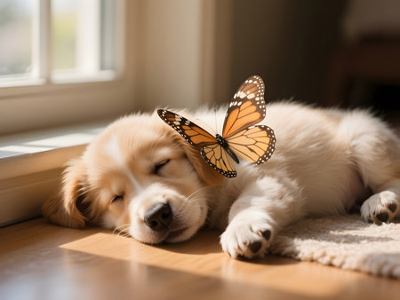 A peaceful golden puppy naps in a sunny room as a delicate butterfly lands softly on its nose. The cozy moment captures innocence and natural harmony.の素材