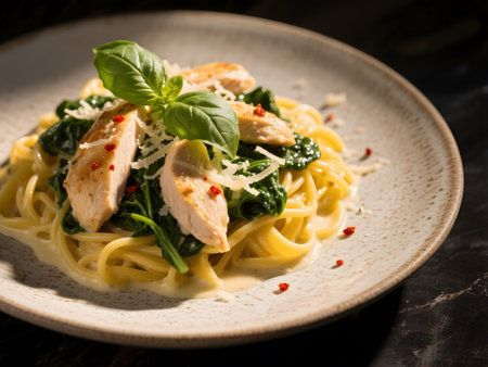 A plate of chicken Florentine pasta featuring creamy sauce, tender chicken slices, and fresh spinach, finished with basil leaves and Parmesan cheese.の素材