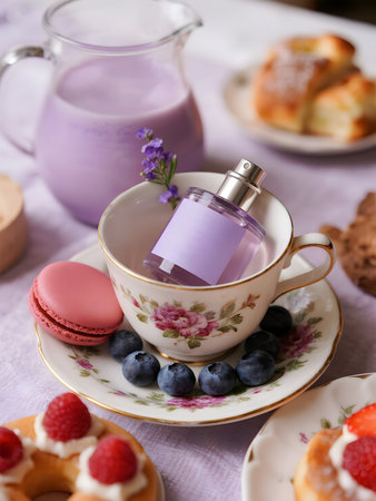 A delicate lavender perfume bottle resting inside a porcelain teacup, surrounded by pastries, macarons, blueberries, and milk in a soft pastel atmosphere.の素材