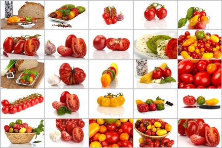 Collage of many different varieties of organic tomatoesの写真素材