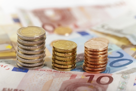 Background of Euro coins and billsの写真素材