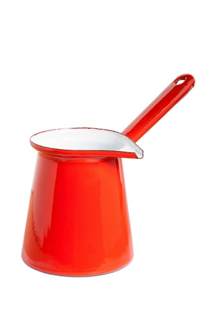 Casserole with handle made of enamel in red isolated on white backgroundの写真素材