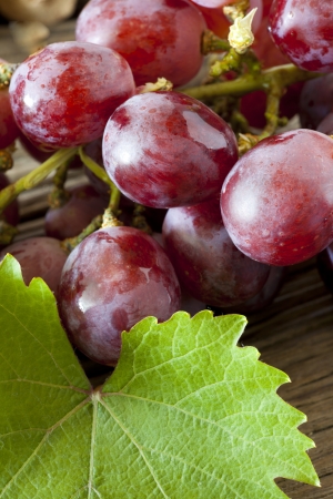 Close-up of fresh red grapes with green wine leavesの写真素材
