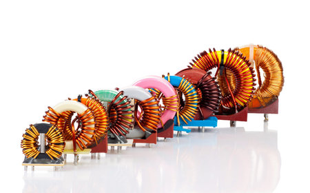 Selection of ten various Industrial Toroidal Choke Coils placed diagonally in a row isolated on White Backgroundの写真素材