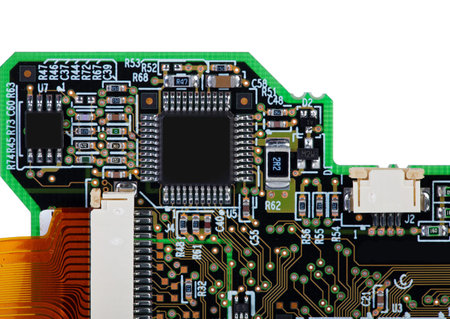 View of an assembled circuit board with SMD components isolated in front of white background