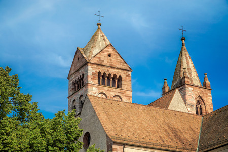 Views of the Stephans Cathedral in front of bright blue sky in Breisach on the Upper Rhine in Baden-WÃ¼rttembergの写真素材