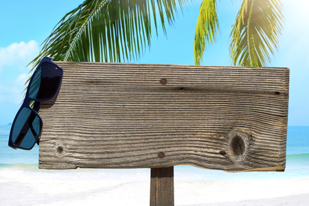 Wooden signboard with copy space and sunglasses under plam fronds on the summer beachの写真素材