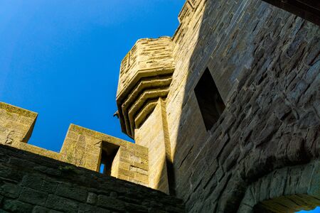 Detailed view of a defensive tower of the historic fortress Carcassonne in Franceのeditorial素材