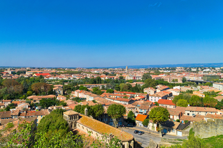 View from historic fortress to the city of Carcassonne in the Languedoc-Roussillon region in southern Franceのeditorial素材