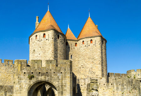 Towers and entrance gate of the medieval fortification in Carcassonneのeditorial素材