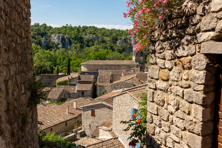 Beautiful view between the houses to the roofs of the old medieval French village Labeaume at the Ardeche in Franceの写真素材