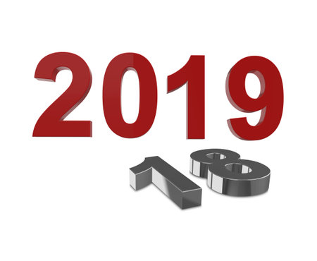 New Year 3D Rendering - The year 2019 in red color standing and the year 2018 in SIlber lying in...