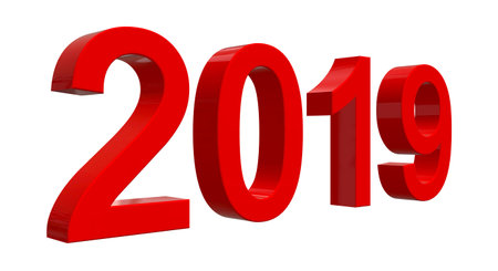 The number 2019 in shiny red numbers in front of a white background