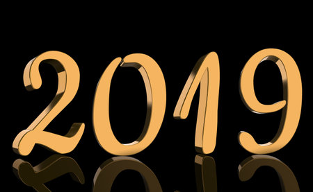 The year 2019 in metallic shining golden numbers with a reflection on a black background.