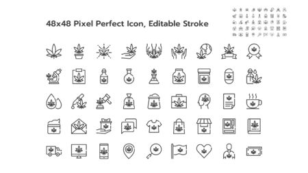 Simple Set of Marijuana or Cannabis Line Outline Icons. Such Icons as Medical, Leaf, Oil, Extract, Sell, Shop, Free, Medicine etc. 48x48 Pixel Perfect. Editable Stroke.のイラスト素材