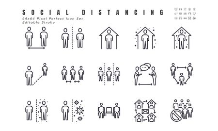 Simple Set of Social Distancing, Coronavirus Disease 2019 Covid-19 Line Icons such Icons as Stay Home, Quarantine, Work from Home, Avoid Crowded Place. 64x64 Pixel Perfect Editable Stroke Vector.のイラスト素材