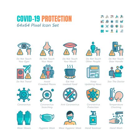 Simple Set of Covid-19 Protection Flat Icons. Icons as Guidance Protective Measures, Coronavirus Prevention, Hygienic Healthcare, Solution, Awareness, Hands Wash, Wear Face Mask etc. 64x64 Pixelのイラスト素材