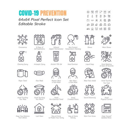 Simple Set of Coronavirus Prevention COVID-19 Line Icons. such Icons as Gloves, Mask, Social Distancing, Stay Home, Quarantine, Avoid Close Contact 64x64 Pixel Perfect Editable Stroke. Vector.のイラスト素材