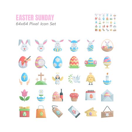 Simple Set of Easter Day Vector colorful glossy Icons. such as Eggs, Hunt, Bunny, Rabbit, Painting, Holiday Sale, Gift, Daisy, Sign, Holy, flower and more. Illustration.のイラスト素材
