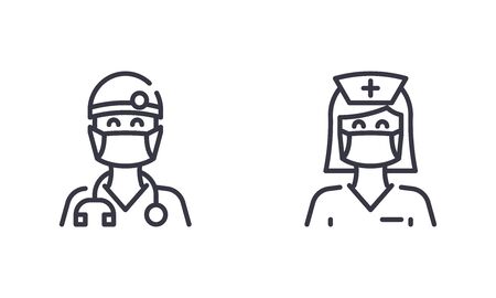 Female Nurse and Male Doctor Wear Medical Face mask to Protect Themselves from Coronavirus or Covid-19. Outline Illustration Vector.のイラスト素材