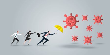 Leader Protect His Team, a Businessman With Yellow Umbrella Defense Coronavirus 2019 or Covid-19, Business Concept of Teamwork and leadership. Vector Ilustration.のイラスト素材