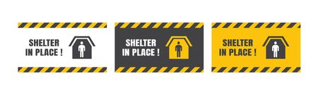 Set of Vector Shelter in Place or Stay at Home or Self Quarantine Various Background Sign with Caution Tape. To Control Coronavirus or Covid 19 Spreading Infection by Government Policy. 16:9 Ratio.のイラスト素材