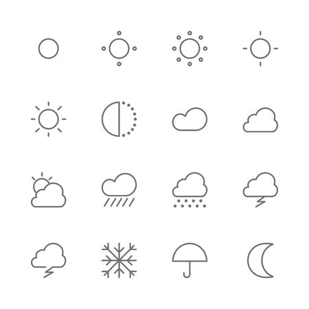 Simple Set of Weather and Climate Forecast Related Vector thin line Icons. Contains such as rainy, sunny, snowy, cloudy, day, night, hot, cold, sun, moon, umbrella and more. isolated illustrationのイラスト素材