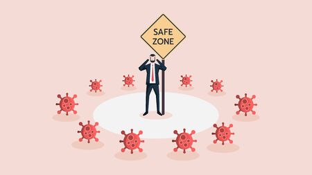 Business Man Stand in Safe Zone. Surrounded by Covid-19 Coronavirus Crisis. Business People Survive or Handle or Control His Business or Company or Finance Concept. Vector Conceptual Illustration.のイラスト素材