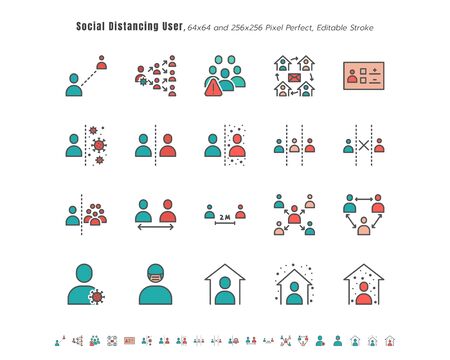Simple Set of Social Distancing People or User. Coronavirus 2019 or Covid-19 Related. Such as Work from Home, Quarantine, Avoid Risk. Filled Outline Icons Vector. 64x64 Pixel Perfect. Editable Stroke.のイラスト素材