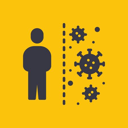 Social Distancing. Yellow Caution Sign. Coronavirus Disease 2019 Covid-19 Prevention, New Normal Concept. Solid Glyph Icon. Symbol Vector Illustrationのイラスト素材
