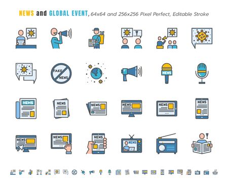 Simple Set of News and Global Event of Coronavirus, Covid-19 Related in Different Platform. Such as Tablet, Phone, Speech Bubble. Filled Outline Icons Vector. 64x64 Pixel Perfect. Editable Stroke.のイラスト素材