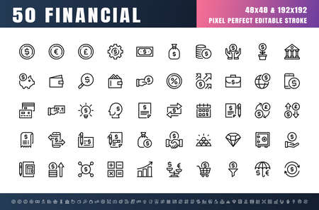 Vector of 50 FInancial Line Outline Icon Set. 48x48 Pixel Perfect Editable Stroke.のイラスト素材