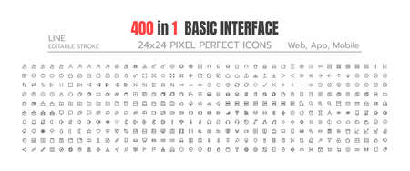 24x24 Pixels Perfect User Interface Basic Simple Set Thin Line Icons. People User Profile, Message, Document file, Call, Music, Camera, Arrow, Chat, Button, Shop, Home, App, Web, etc. Editable Strokeのイラスト素材