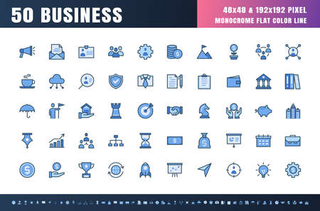 Vector of 50 Business and Financial Solid Monochrome Flat Color Line Icon Set. 48x48 and 192x192 Pixel Perfect.のイラスト素材