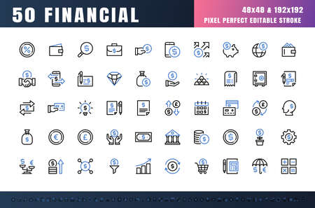 Vector of 50 Currency FInancial Bicolor Line Outline Icon Set. 48x48 Pixel Perfect Editable Stroke.のイラスト素材
