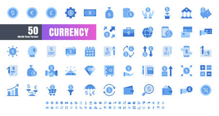 Vector of 50 Currency FInancial Monochrome Flat Blue Icon Set. 48x48 Pixel Perfect.のイラスト素材