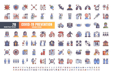 Vector of 78 Covid-19 PreventionGradient Filled Outline Icons. Coronavirus, Social Distancing, Quarantine, Stay Home. 64x64 Pixel Perfect. Editable Stroke.のイラスト素材