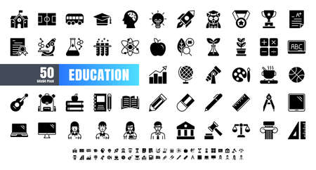 Vector of 50 Education and School Subject solid Glyph Icon Set. 64x64 and 256x256 Pixel Perfect.のイラスト素材