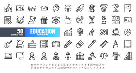 Vector of 50 Education and School Subject Line Outline Icon Set. 64x64 and 256x256 Pixel Perfect Editable Stroke.のイラスト素材