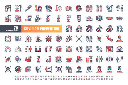 Vector of 78 Covid-19 Prevention Monochrome Flat Blue Filled Line Outline Icons. Coronavirus, Social Distancing, Quarantine, Stay Home. 64x64 Pixel Perfect. Expanded Stroke.のイラスト素材