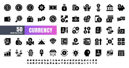 Vector of 50 Currency FInancial Balck Solid Glyph Icon Set. 48x48 Pixel Perfect.のイラスト素材