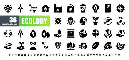 Vector of 36 Ecology and Green Energy Power Solid Glyph Icon Set. 48x48 and 192x192 Pixel Perfect.のイラスト素材