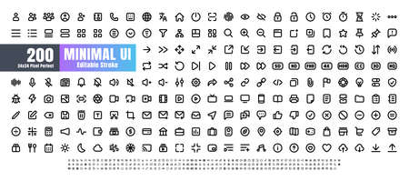 24x24 Pixel Perfect. Basic User Interface Essential Set. 200 Line Outline Icons. For App, Web, Print. Editable Stroke. 2 Pixel Stroke Wide with Round Cap and Round Corner.のイラスト素材