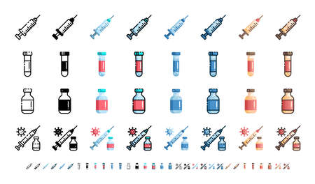 Vaccine for Covid-19, Coronavirus. 8 Styles Icons. Such Icons as Line, Outline, Solid Glyph, Flat, Monochrome, Gradient, 64x64 Pixel Perfect. Editable Stroke. Vector.のイラスト素材