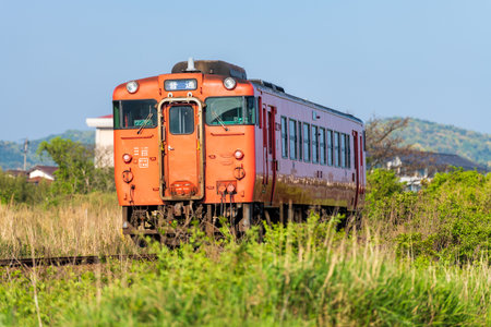 An orange train running through the countryside