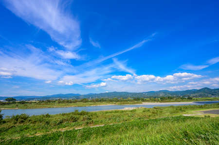 Beautiful summer blue sky and countryside (Asakura City, Fukuoka Prefecture)の写真素材