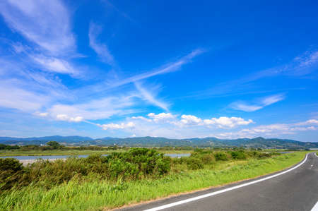 Beautiful summer blue sky and countryside (Asakura City, Fukuoka Prefecture)の写真素材