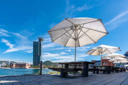 Retro scenery of Moji Port, a famous tourist spot in Kitakyushu with beautiful summer blue sky