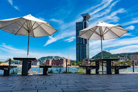 Retro scenery of Moji Port, a famous tourist spot in Kitakyushu with beautiful summer blue skyの写真素材